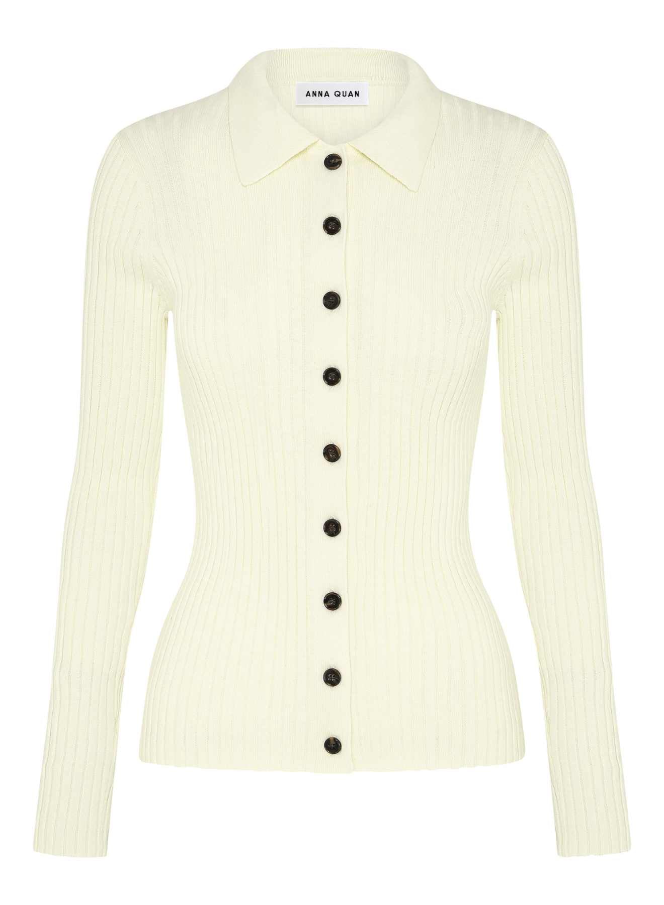 Cotton rib long sleeve polo knit top with contrast trims and mother of pearl buttons. White knit top, white long sleeve knit top, white work top.
