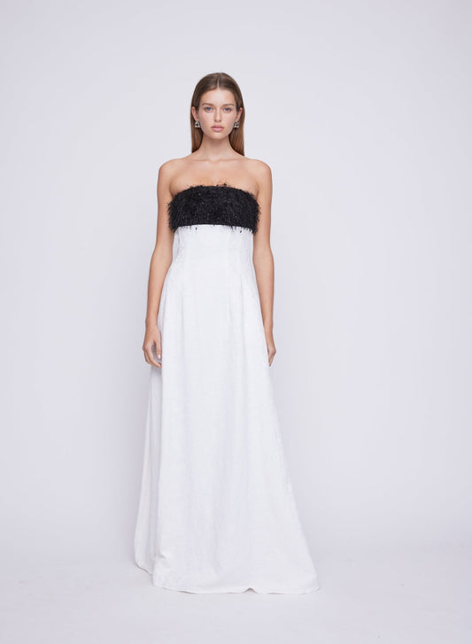 QUILLA DRESS (JACQUARD W/ BLACK FEATHER)